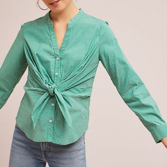 -Maeve Anthropologie Knotted Button Green Stripe 0 - Picture 7 of 7